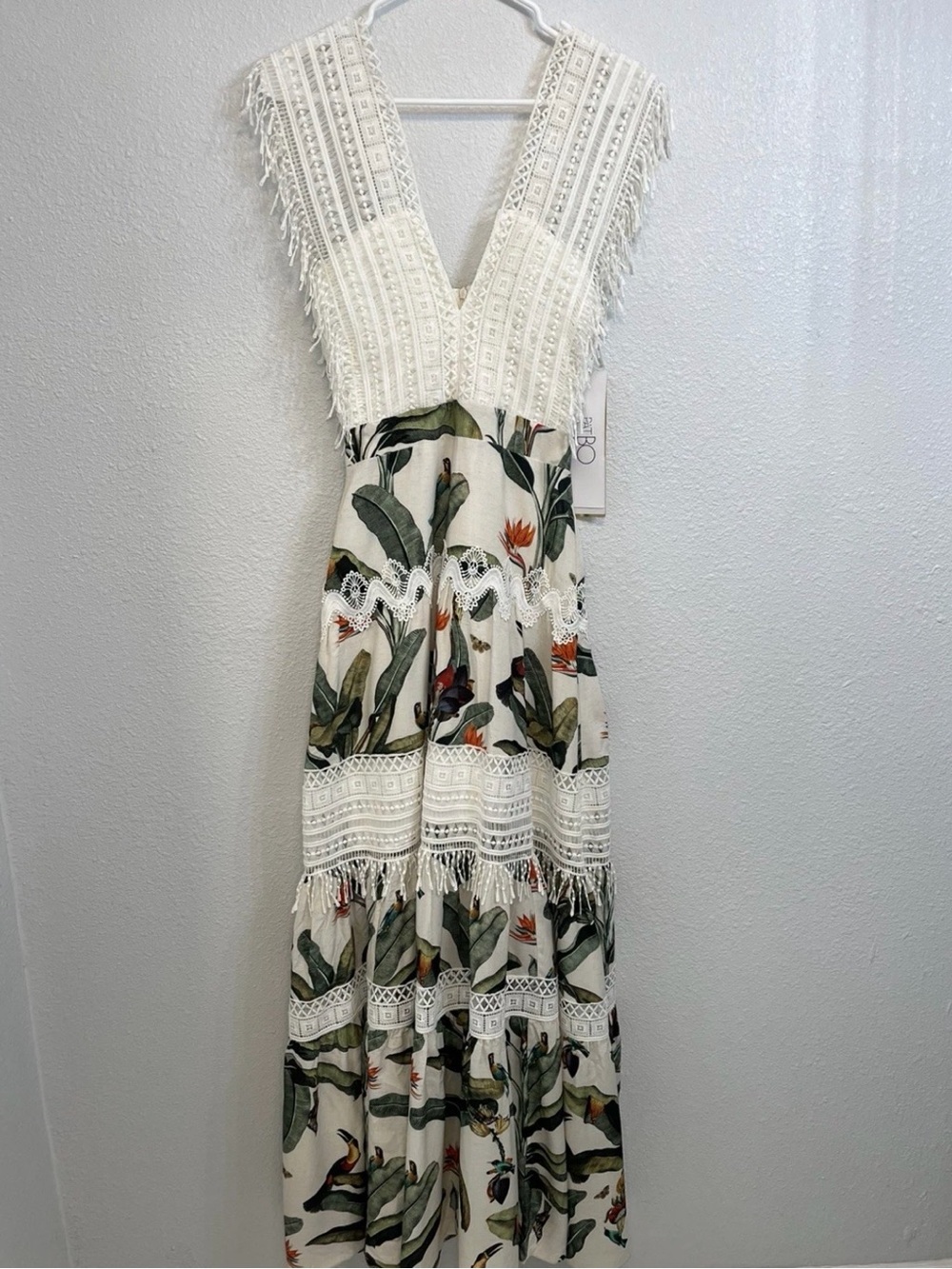 PatBO White Maxi Dress with Tropical Green & Orange Print Worn Once